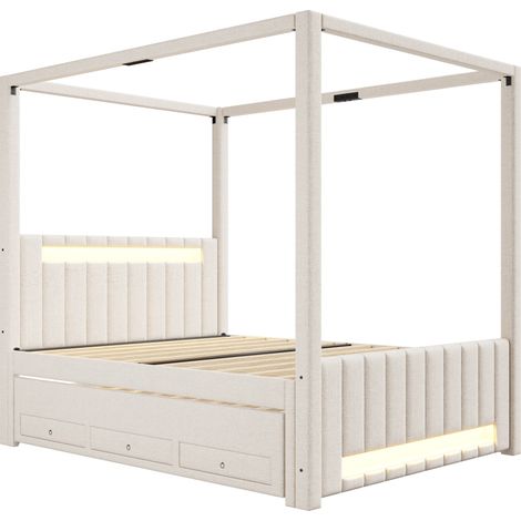 Cama con dosel tapizada 140x200 cm beige con cama nido, 3 cajones y LED (1/5)