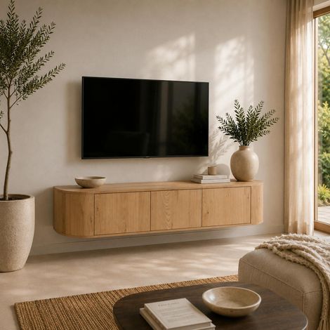 Meuble TV suspendu en chêne clair 3 portes LOREN (1/5)