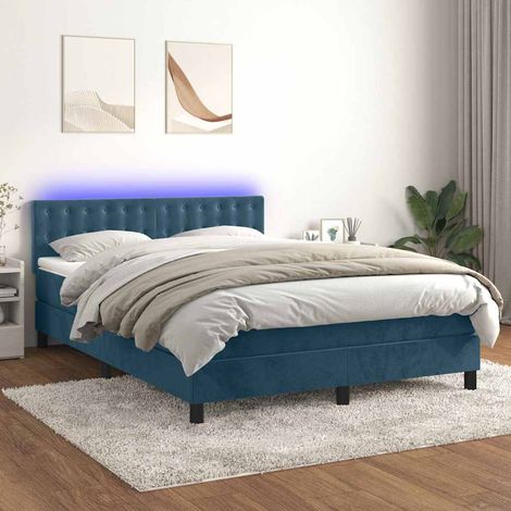 Cama box spring colchón y LED terciopelo azul oscuro 140x190 cm (1/5)