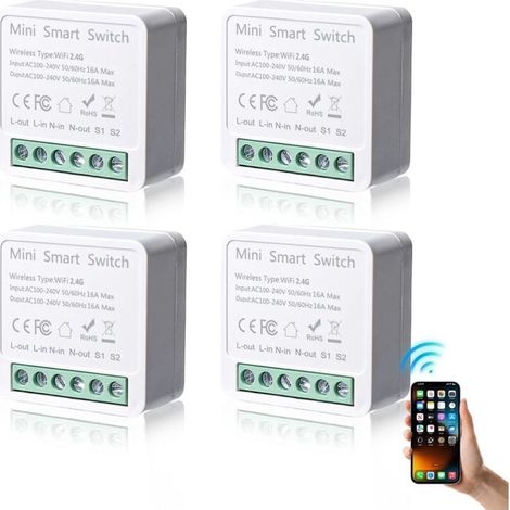 Lot de 4 modules d\'interrupteur intelligents 1 voie - Mini interrupteur Wi-Fi DIY - Module Smart Home - Compatible avec l\'application Tuya, Alexa et Google Home - Conducteur neutre nécessaire (1/4)