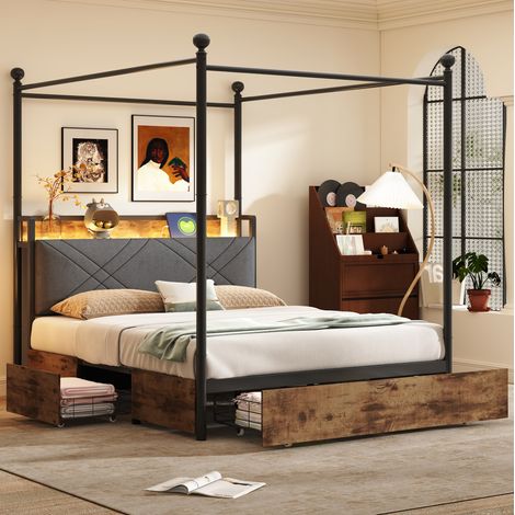 Lit baldaquin 140 x 200 cm multifonction en métal noir avec LED, USB et rangement (1/5)