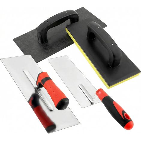 Kit 4 pièces pour travaux de plâtrerie, taloche en plastique pour béton, taloche à plâtrer en inox, taloche de lissage en inox 300x120 mm et taloche en caoutchouc éponge (1/5)