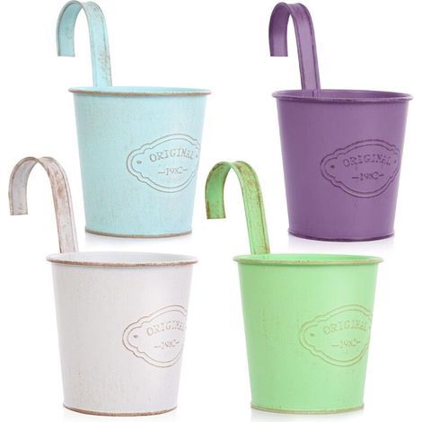 ZOLGINAH Set di 4 vasi da fiori in metallo da appendere con foro di drenaggio, vasi da fiori in metallo colorati con gancio rimovibile, stile vintage per balcone, giardino, parete, decorazione di reci (1/5)
