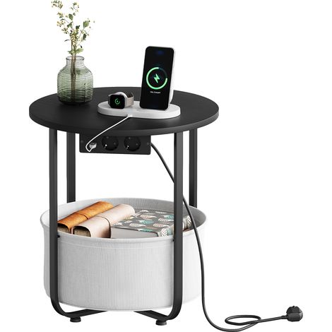 WOLTU Table d'Appoint avec Station de Charge, Petite Table Basse Ronde, Ø45xH50 cm, Noir+Gris (1/5)