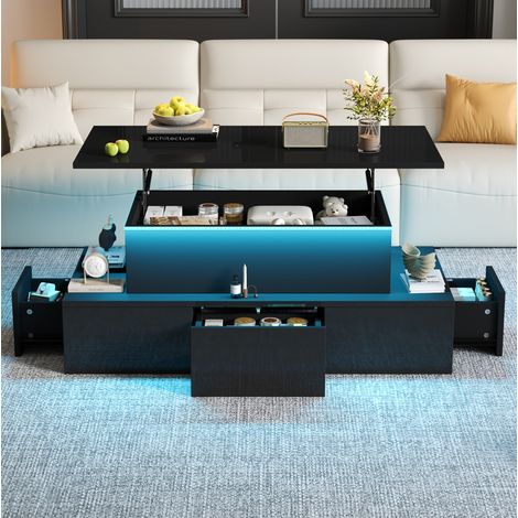 Table basse relevable 100x50 cm avec LED et rangement OKMYHOME (1/5)