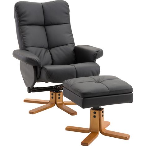 Relaxsessel mit Fußstütze, schwarzes PU, Holzgestell, 360° drehbar, 80 x 86 x 99 cm (1/5)