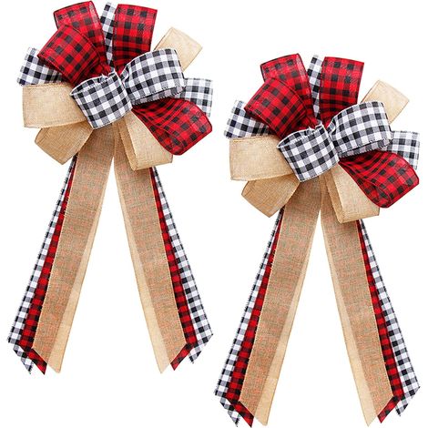 große Schleifen aus kariertem Jute-Stoff, 13" x 30", Weihnachtsschleifen im Landhausstil, Christbaumschmuck, Girlande, Baumspitze, Tür, Bauernhof, Herbst, Hochzeit, Party (kariert und Jute)