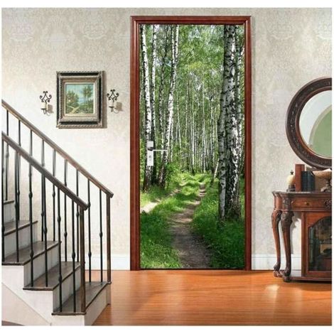 Sticker Porte Photo - Poster Paysage Forêt de Bouleaux 3D, Papier Peint Porte Trompe-l'œil pour Décoration Salon