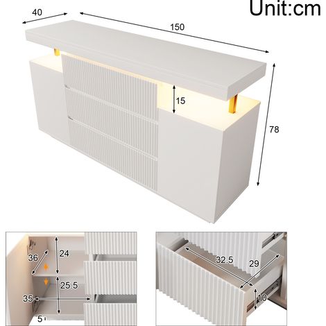 Buffet moderne à éclairage LED, blanc, commode 150x40x78cm avec 6 tiroirs et 2 portes, buffet suspendu, meuble de salon, meuble d'entrée avec façades rainurées (1/4)