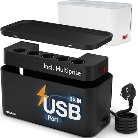 ACROPAQ Cable Cover Box with Power Strip – Cable Box (30 x 14 x 14 cm) with 5 Sockets, 3 x USB-A Fast Charger for Smartphones and Tablets, On/Off Switch, 2 m Cable, White – Power Strip Box (1/3)
