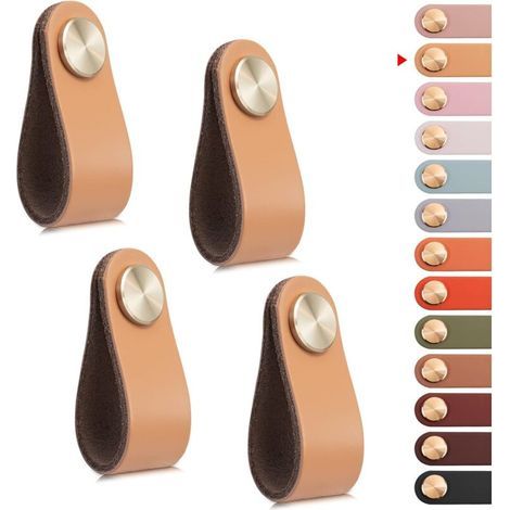 Lot de 4 poignées de meuble en cuir vintage pour armoires, commodes, cuisines et salles de bains (beige, un trou) (1/4)