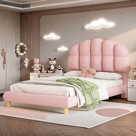 Lit simple enfant 90x200 cm, tissu peluche, tête de lit tapissée, cadre de lit, sommier à lattes, lit enfant lit pour garçons et filles, Rose (1/5)
