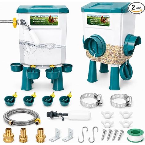 Float Feeder and Drinker for Chickens 7 L with Feet 8 kg Feeder, Stainless Steel Hose 1.5 m, Water (1/5)