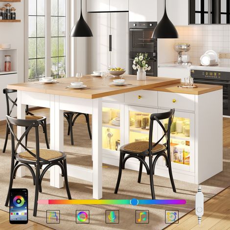 Îlot de cuisine extensible 120-200 cm avec LED éclairage, table à manger,table de bar,placard,meuble de cuisine moderne avec 2 tiroirs et  portes vitrées – buffet de rangement