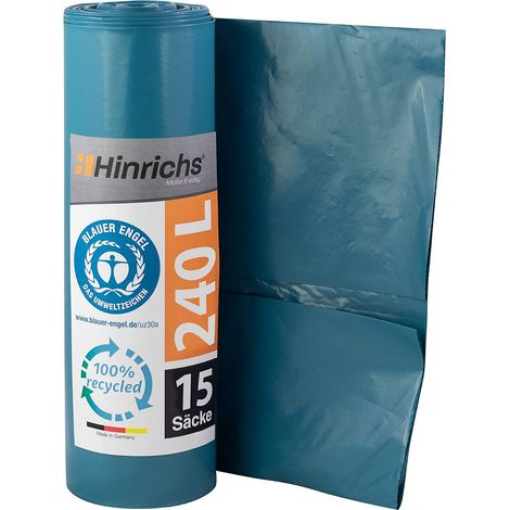 Lot de 15 sacs poubelle extra résistants à la déchirure - 240 l - 100 x 125 cm - Sacs poubelle en polyéthylène basse densité recyclé - Bleu - Pour jardin, maison et chantier (1/5)