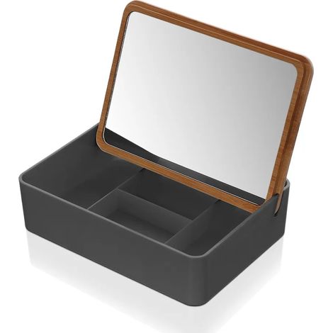 Organizer trucchi in plastica grigia completo di specchio con dettagli in bambù (1/4)