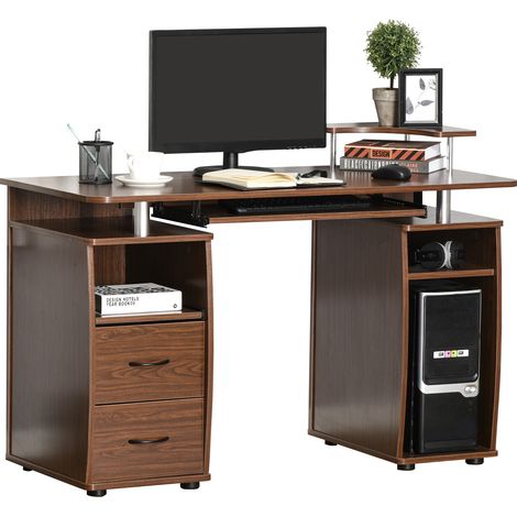 Bureau avec plusieurs étagères, 2 tiroirs, plateau pour clavier et supports pour écran/unité centrale, 120 x 55 x 85 cm, marron (1/5)