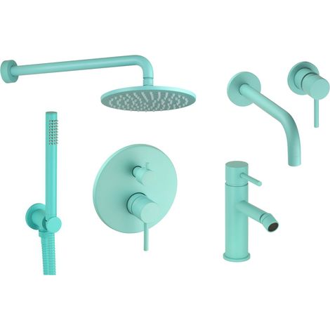 Kit miscelatori lavabo a muro bidet e kit doccia modello tondo colore azzurro acqua Pollini Jessy Color KITJESSYCOLORA64
