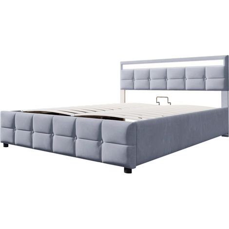Letto imbottito 180 x 200 cm grigio con LED, rete a doghe e vano contenitore idraulico (1/5)