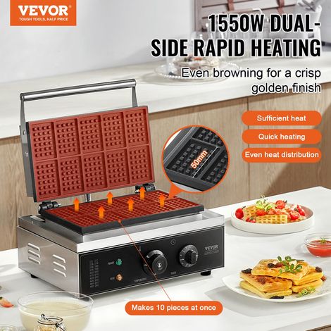Gaufrier Commercial 1550 W, Appareil à Gaufres Belges Rectangulaires, Capacité 10PCs, en Acier Inoxydable, Antiadhésif, avec Contrô… (1/5)