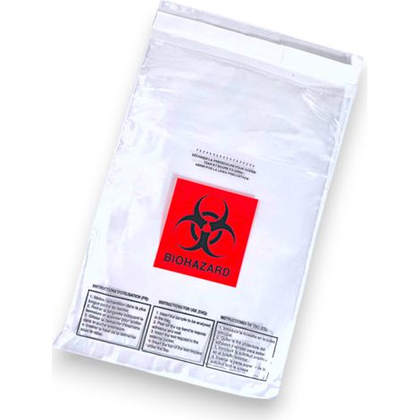 Folienbeutel mit BIOHAZARD-Aufdruck 170 x 250 + 50 mm TRANSPARENT Packung mit 100 Stück.
