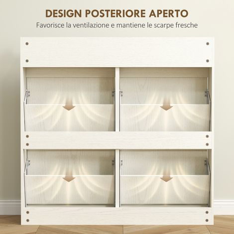 Meuble à chaussures blanc étroit 98x19.2x95.3 cm, 4 tiroirs basculants + 2 tiroirs coulissants en bois. (1/5)