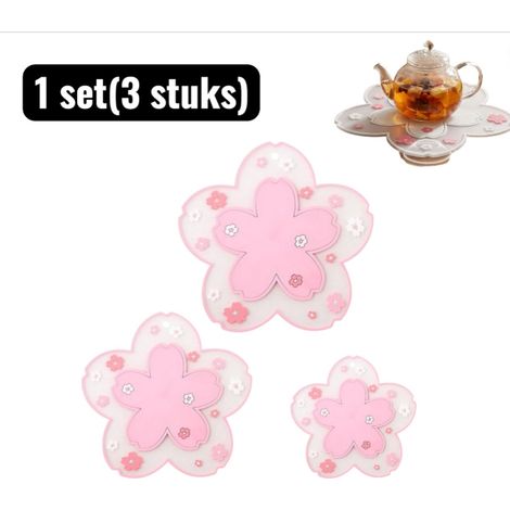 Lot de 3 sets de table et dessous de verre en PVC motif fleurs de cerisier résistants à la chaleur et imperméables pour assiettes bols et tasses rose (1/5)