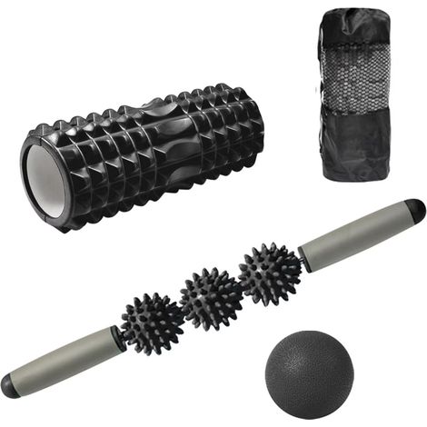 Rouleau en mousse, rouleaux en mousse pour le dos et les jambes, ensemble de massage 4 en 4 avec rouleau en mousse comprenant un bâton de rouleau musculaire, des boules de fasciite plantaire, le tout (1/5)