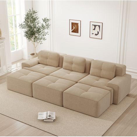 Canapé 3 places modulaire, Canapé droit 3 places convertible en velours côtelé, 293×177×69 cm, 3 repose-pieds amovibles, assise profonde, beige (1/5)