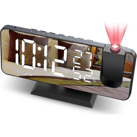 Réveil à projection, radio-réveil FM à fixation au plafond, horloge numérique à projection à 180°, avec écran miroir LED de 7 pouces, port de chargement USB, fonction snooze et double alarme. (1/5)
