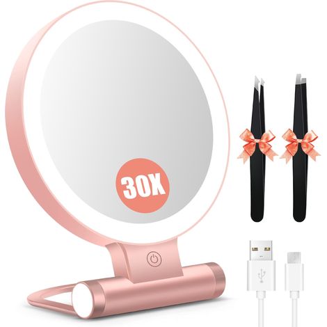 Miroir de maquillage avec éclairage, miroir grossissant double face 1X/30X avec lumière, 2000 mAh, 3 modes d'éclairage de couleur, luminosité réglable, pliable et compact, taille de voyage (1/5)