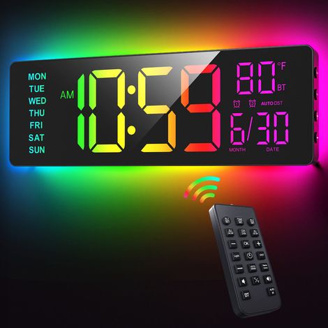 16,5'' Horloge Murale Numérique avec Éclairage RGB à 11 scènes, Auto DST, Télécommande, Grand Affichage LED, 2 Alarmes, Température (1/5)
