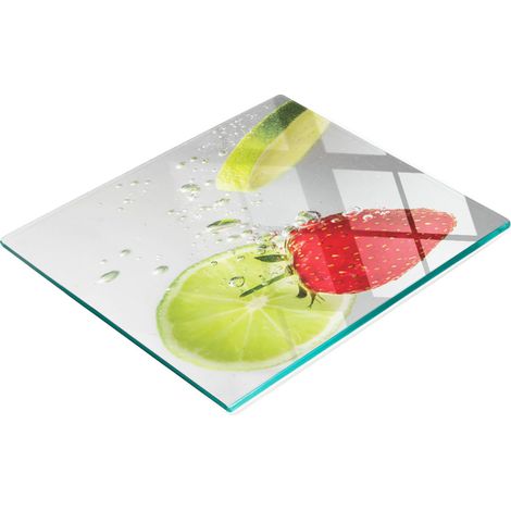 Tabla de cocina de vidrio templado con dise帽o de fresa y lima, 60x52 cm. (1/5)