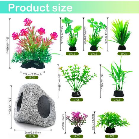 Décoration d'Aquarium Kit de Plantes Artificielles et Grotte de Roche en Résine pour Poisson Décors de Vase Châteaux Accessoires pour Aquarium