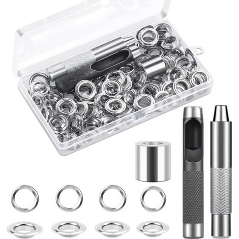 Lntyq Trousse À Œillets Outils, Ensembles Oeillets 120 Set, Oeillets Pour Baches, Kit De Grommets Eyelets, Pour Toile Bâche Tente De Réparation Argent 12mm(Diamètre Intérieur)