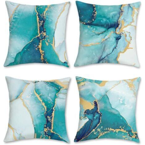 ALLIANDISLot de 4 housses de coussin décoratives modernes en velours doux, motif marbre turquoise, 45 x 45 cm, motif abstrait doré et bleu sarcelle, 45 x 45 cm (1/5)