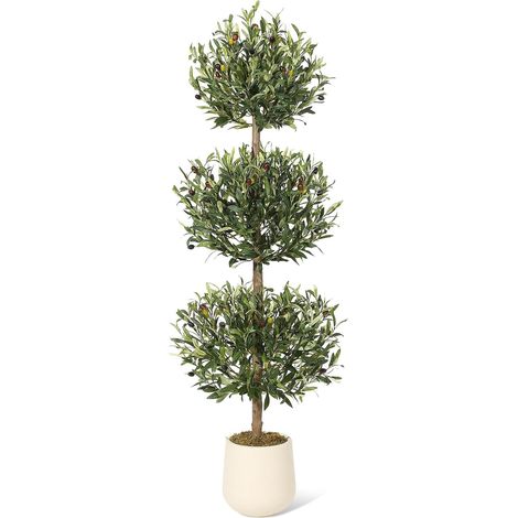 Olivier Artificiel 150cm Triple Boule Topiaire avec Pot Noir Arbuste synthétique aux feuilles réalistes et olives décoratives, résistant aux UV pour terrasse ou entrée (1/5)