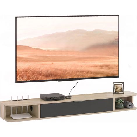 Meuble TV suspendu - HOMCOM - 140cm - jusqu'à 60 pouces - tiroir rabattable 2 étagères ouvertes passe-câbles - bois naturel et noir (1/5)