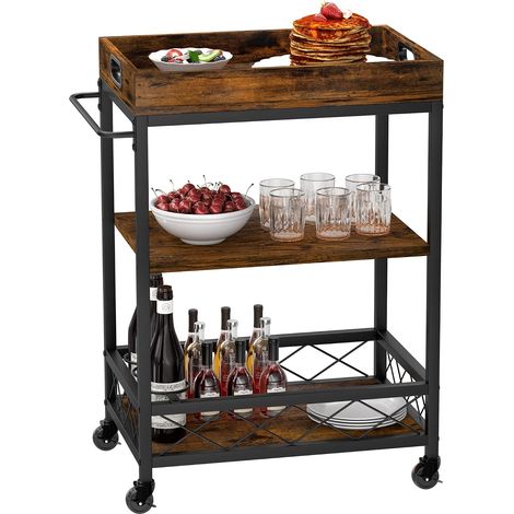 Chariot bar mobile 3 niveaux marron rustique, support à vin et plateau détachable (1/5)