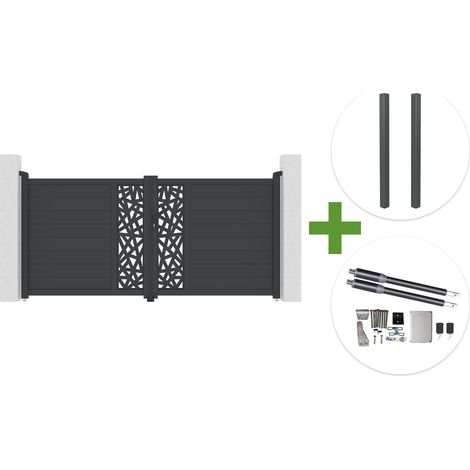 Portail battant 3m RUIVO H.140cm aluminium gris + 2 poteaux + motorisation Ranger B150 (1/5)