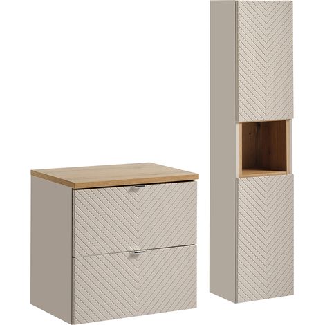 Badmöbel Set 2-teilig in Beige und Eiche mit 60 cm Waschtischunterschrank VERACRUZ-56 (1/5)