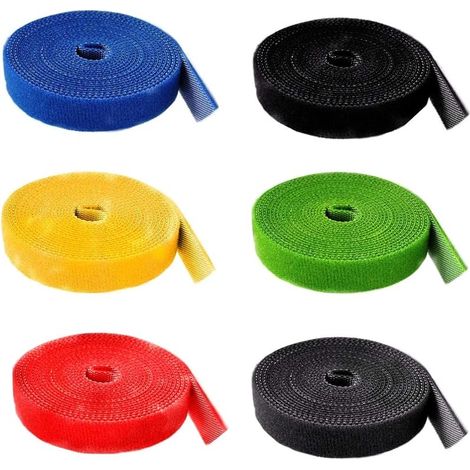 6 Rouleau Sangles de Câble, Attaches de Câble 2M, Bande Réutilisable, Serres cables Ruban de Fixation Bande à Crochet Auto-Agrippant Organisateur pour Cordes et Câble Electrique, 6 Couleurs