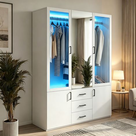 JOOKGBD-Armadio con LED,2 Ante in Vetro,Specchio Centrale,3 Cassetti e 2 Ante Laterali,Guardaroba Integrato con Asta,Mobile da Giorno per Camera,Illuminazione Integrata,Bianco