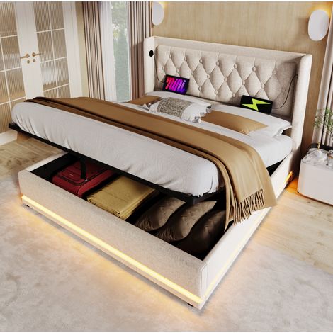 Lit coffre 140x200 cm en coton beige avec sommier à lattes, tête de lit capitonnée, USB/Type-C et LED (1/5)