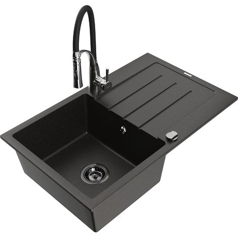 Mexen Bruno lavello in granito 1-vasca con scolapiatti e rubinetto da cucina Aster, nero/oro metallizzato - 6513-75-73450-07-B (1/5)