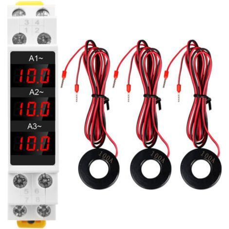 Ampèremètre triphasé sur rail DIN avec affichage LED haute précision, 3 capteurs, 80–500 V CA / 1–100 A (1/5)