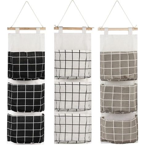 3Pcs Hanging Storage Bag with 3 Pockets(Black/Grey/White), Fabric Wall Shelf Basket Storage Pouch Organizer for Bedroom Bathroom Kitchen - Waterproof & Stylish