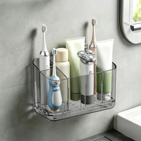 Porte-Brosse électrique 5 Compartiments Mur/Plan sans perçage Auto-adhésif, étanche, avec trous d'écoulement – garde au sec, idéal pour lavabo (1/5)