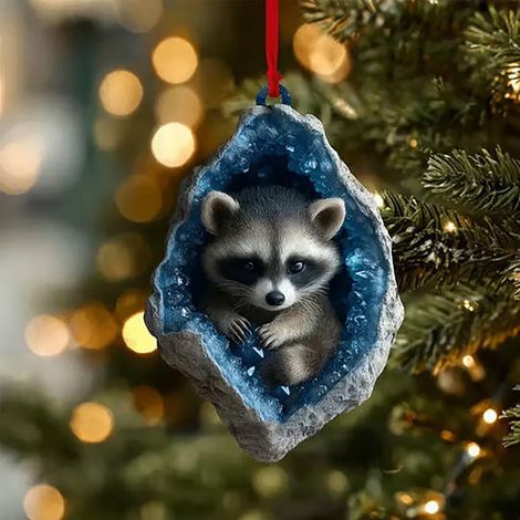 Guirlande Animale - Décoration Arbre De Noël En Acrylique - Hibou Et Raton Laveur - 2D Plat - Pour Intérieur - Lot De 2 (1/5)