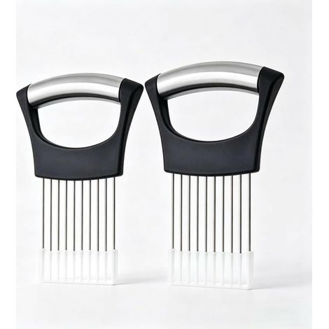 2 Pieces Stainless Onion Holder with Black Tubular Handle, Manual Onion Slicer for Regular Cutter, Multi-Function Vegetable Cutter and Mini Manual Chopper for Tomato, Lemon, Meat and (1/5)